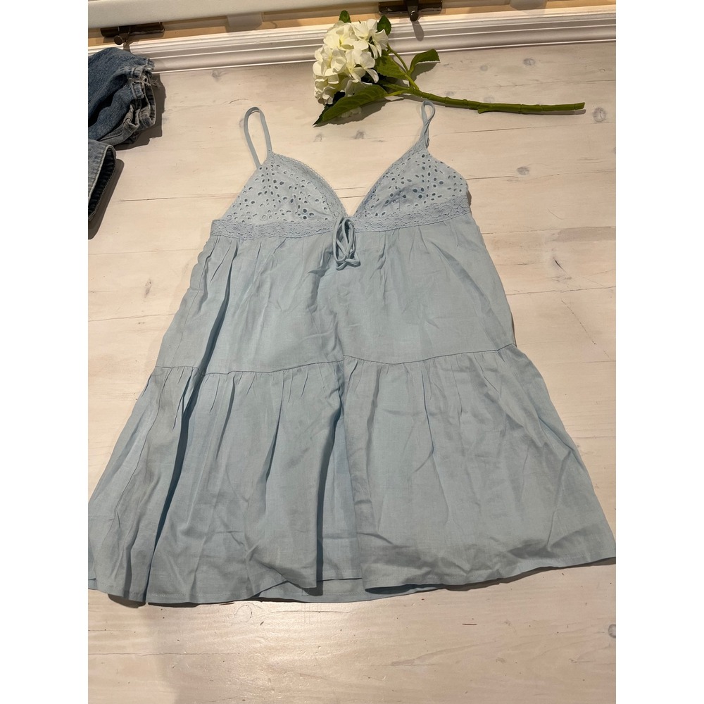 Princess‎ Polly Blue Eyelet Lace Tie Front Tiered Mini Dress US 6
